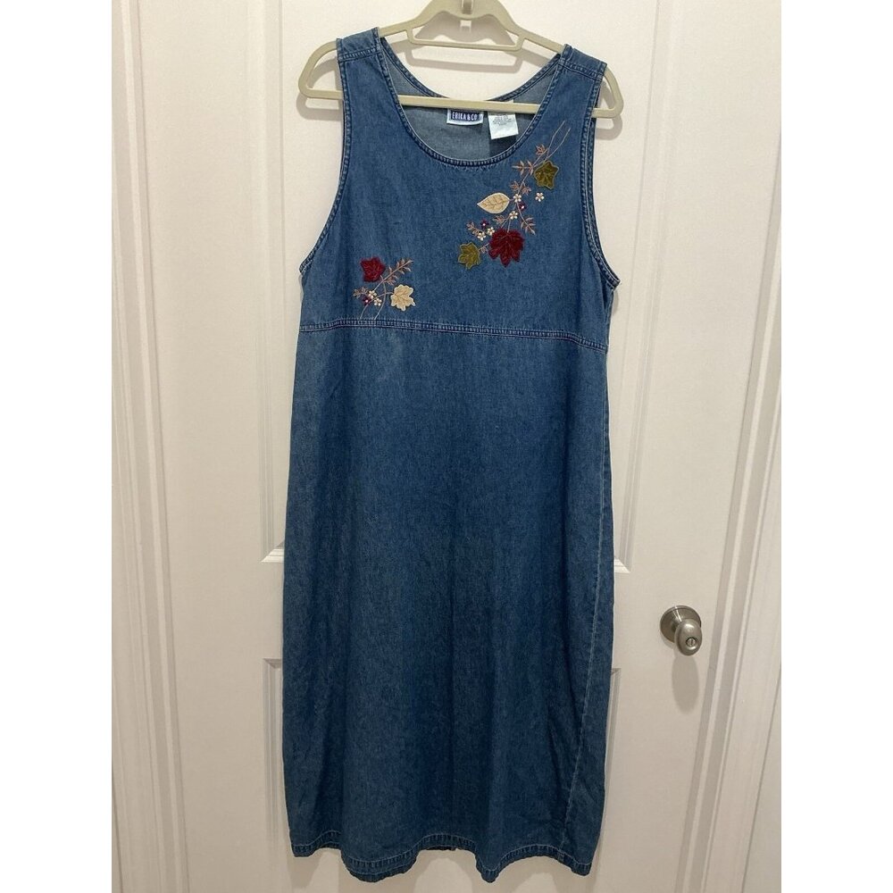Erika & Co. Maxi Dress Large Women's Denim Sleeveless Embroidery Burgundy Tan